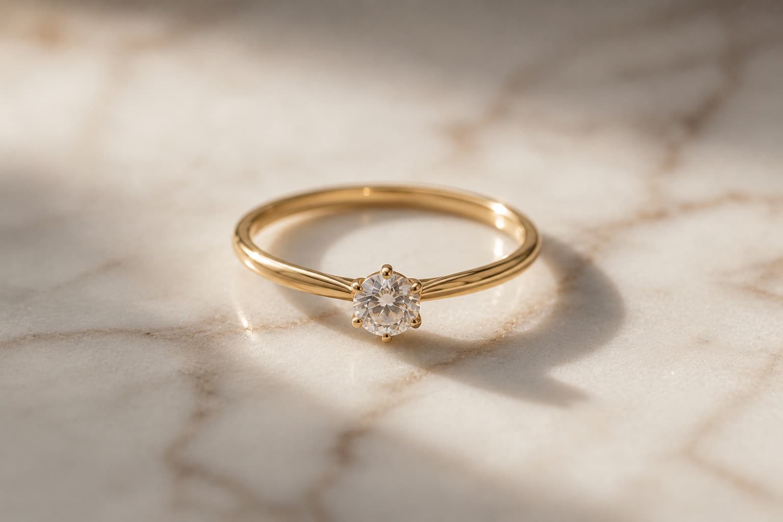 A delicate diamond solitaire ring on marble
